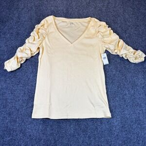 GAP Ribbed V Neck Puff Sleeve Tee Shirt Yellow Size Large NWT